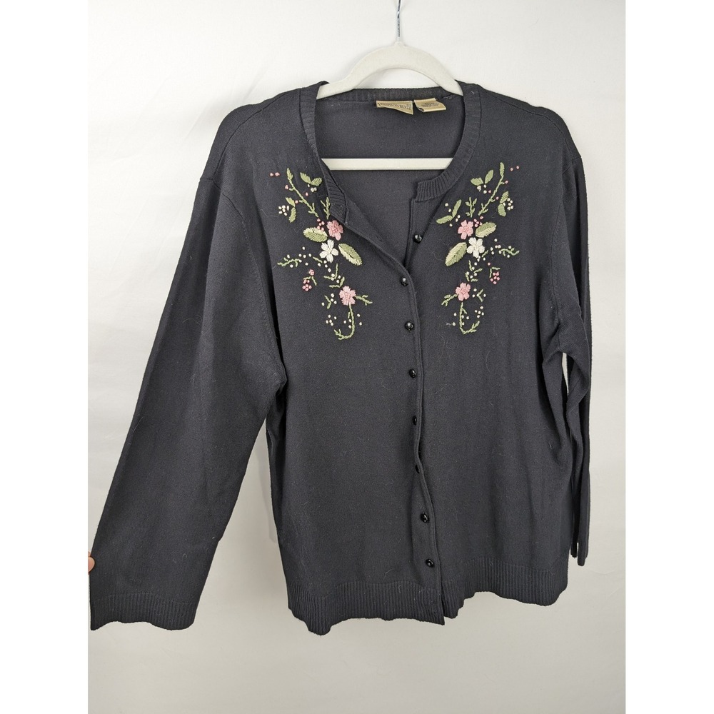 Vintage 90s Floral Embroidered Button Cardigan Size XL Black Whimsigoth Cottage
